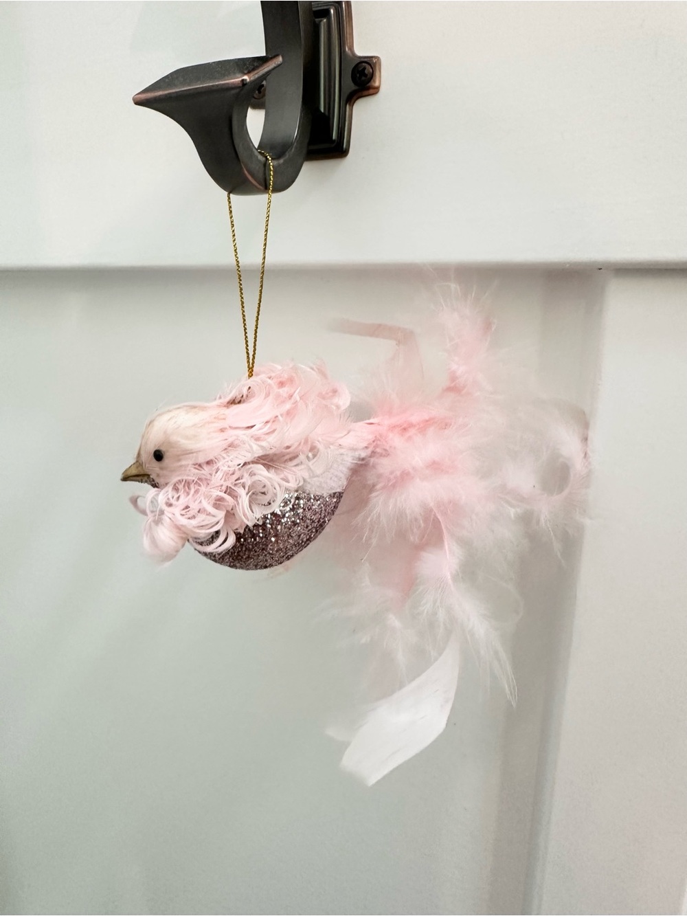 Pink Feathered Hanging Bird Ornaments Fluffy Glitter Set of 2 - Picture 2 of 5